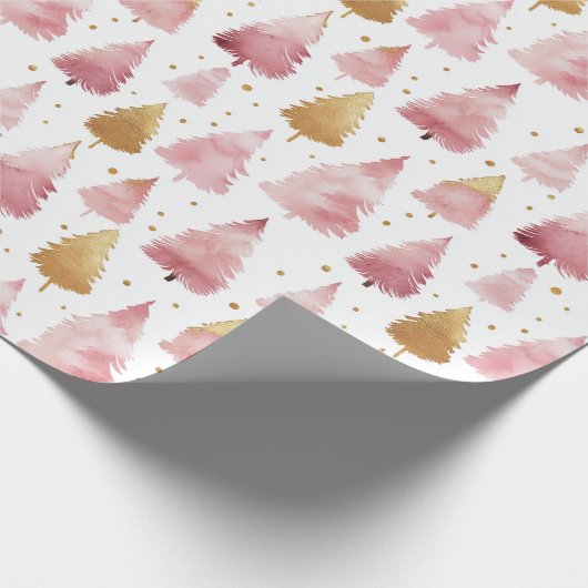 Roze en gouden Waterverf kerstboompatroon Cadeaupapier (Hoek)