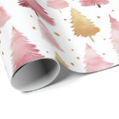 Roze en gouden Waterverf kerstboompatroon Cadeaupapier (Rol Hoek)