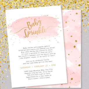 Roze en Gouden Waterverf Meisje Baby Sprinkle Kaart