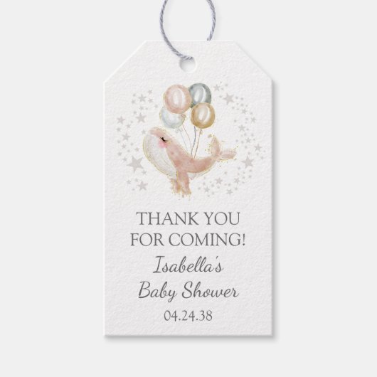 Roze en Gouden Waterverf Schattigee Walvis Baby sh Cadeaulabel (Voorkant)