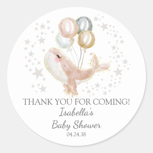 Roze en Gouden Waterverf Schattigee Walvis Baby sh Ronde Sticker (Voorkant)