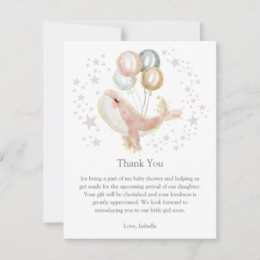 Roze en Gouden Waterverf Schattigee Walvis Dank u  Kaart (Voorkant)