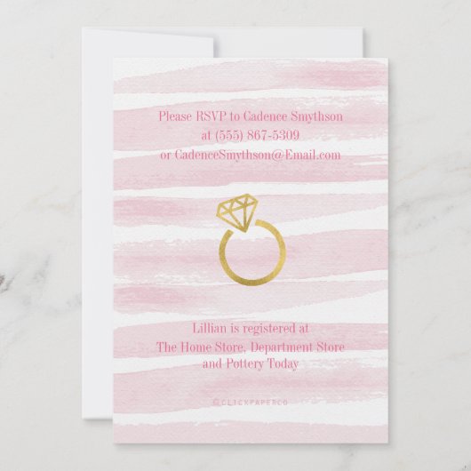 Roze en gouden Waterverf Stripes Vrijgezellenfeest Kaart (Achterkant)