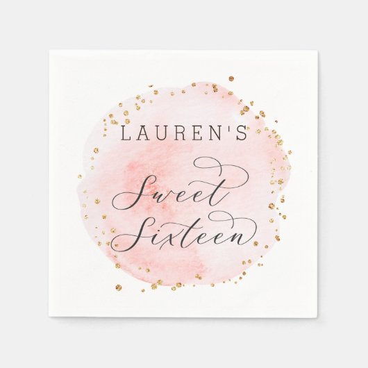 Roze en Gouden Waterverf Sweet Sixteen Servet (Voorkant)