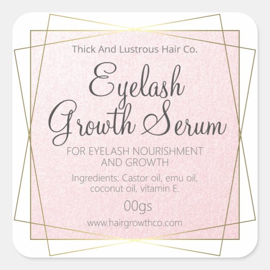 Roze en gouden wimper wenkbrauw of haargroei serum vierkante sticker (Voorkant)