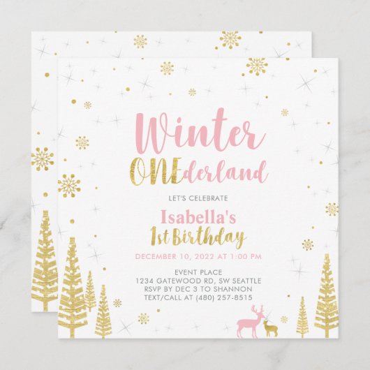 Roze en gouden winter Onederland 1e eerste verjaar Kaart (Voorkant / Achterkant)