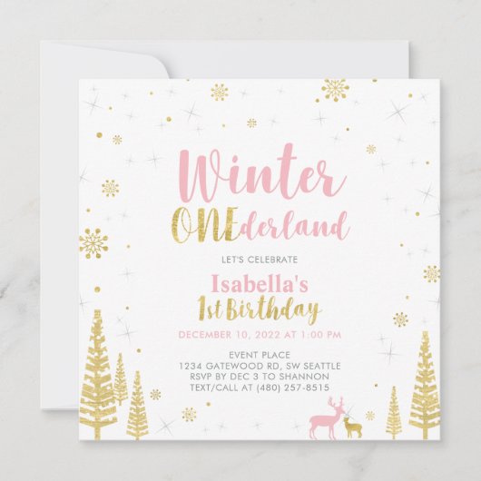 Roze en gouden winter Onederland 1e eerste verjaar Kaart (Voorkant)