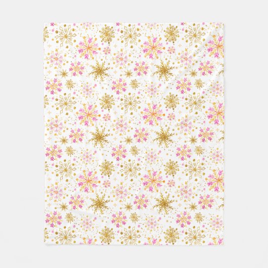 Roze en Gouden Wintervlokken Fleece Deken (Voorkant)