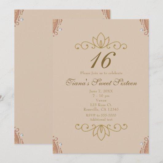 Roze en gouden witte parel elegante uitnodigingen (Voorkant / Achterkant)