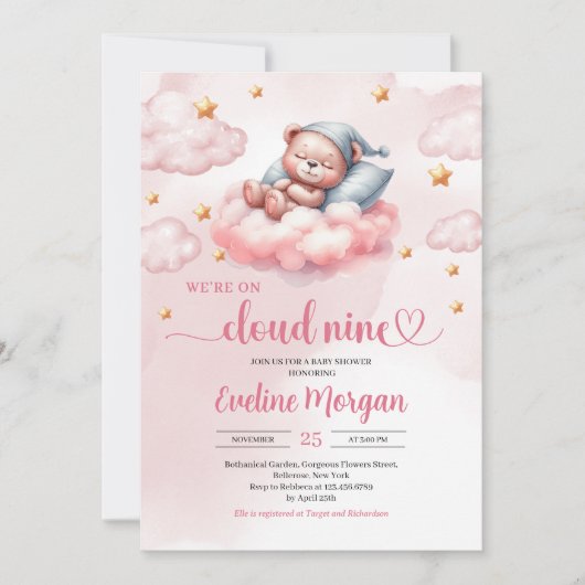 Roze en gouden wolk negen meisje baby shower kaart (Voorkant)