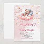 Roze en gouden wolk negen meisje baby shower kaart (Voorkant / Achterkant)