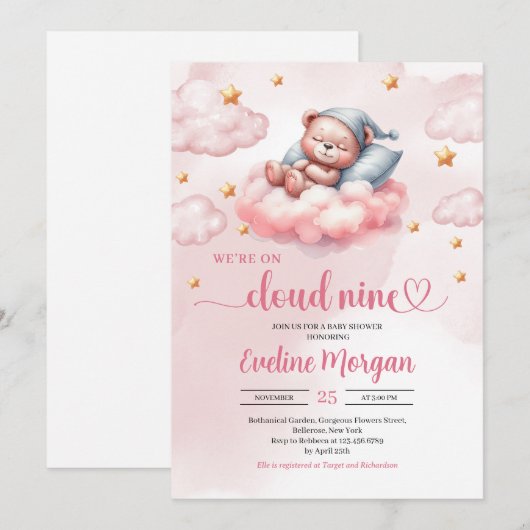 Roze en gouden wolk negen meisje baby shower kaart (Voorkant / Achterkant)