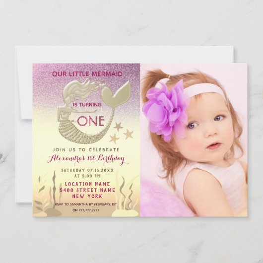 Roze en Gouden Zeemeermin 1e Verjaardag Kaart (Voorkant)