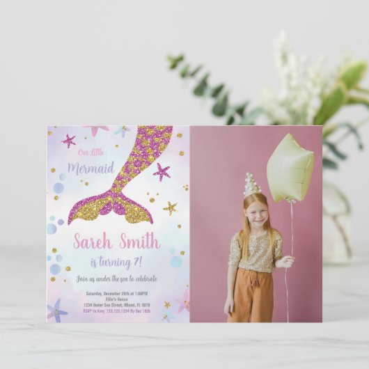 Roze en Gouden Zeemeermin Glitter Tail Verjaardag Kaart (Staand voorkant)