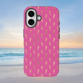 Roze en gouden zeepaardherhalingspatroon iPhone 16 hoesje