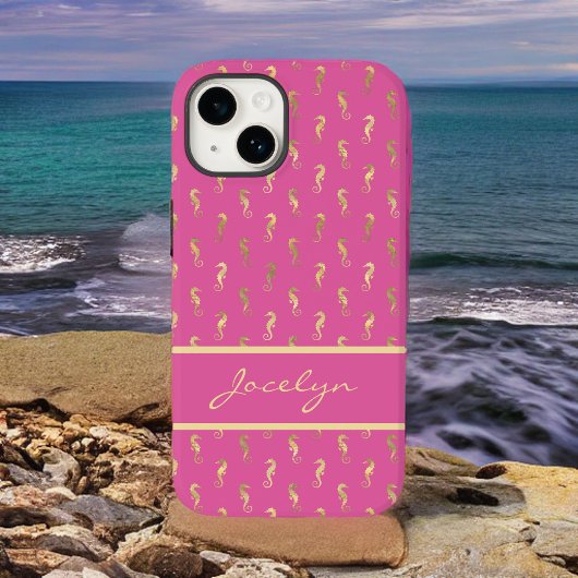 Roze en Gouden Zeepaardjes Patroon met Monogram Case-Mate iPhone Case