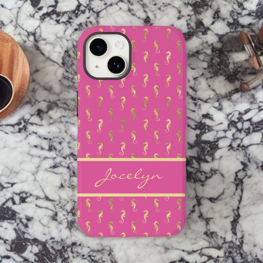 Roze en Gouden Zeepaardjes Patroon met Monogram Case-Mate iPhone Case