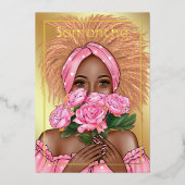 Roze en gouden zwarte feestdag folie uitnodiging (Voorkant)