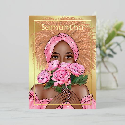 Roze en gouden zwarte feestdag folie uitnodiging (Staand Voorkant)