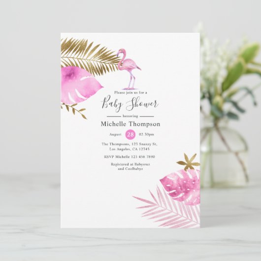 Roze en goudflamingo Baby shower Kaart (Staand voorkant)