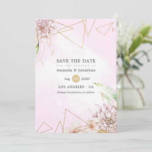 Roze en goudFloral Geometric Wedding Save The Date (Staand voorkant)