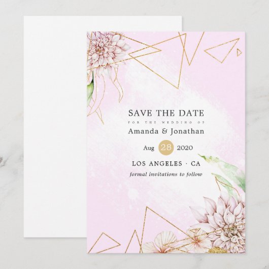 Roze en goudFloral Geometric Wedding Save The Date (Voorkant / Achterkant)