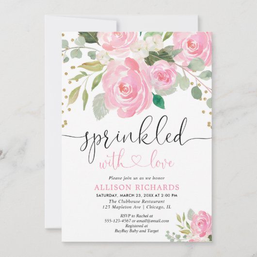 Roze en goudflorale baby sprinkhaan kaart (Voorkant)