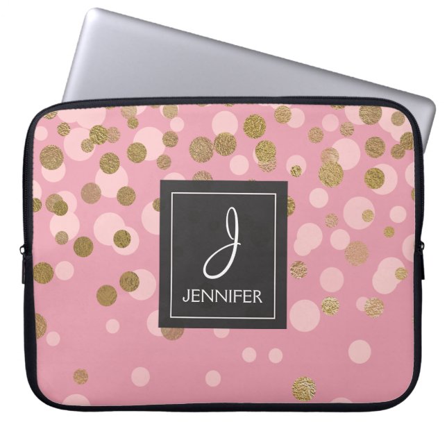 Roze en goudfolie Confetti Elegant Monogram Laptop Sleeve (Voorkant)