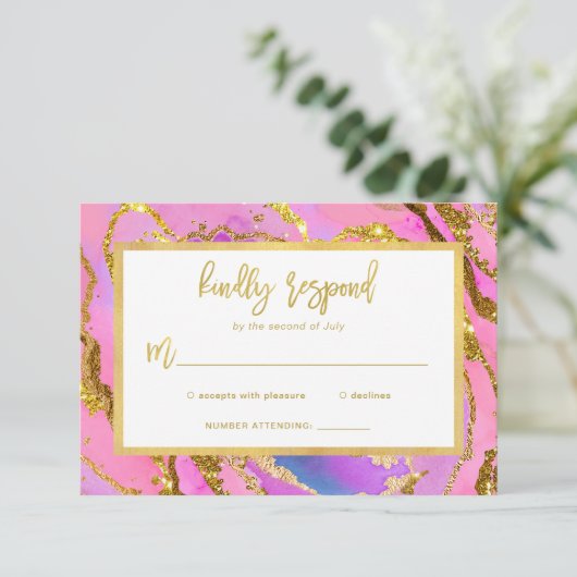 Roze en goudgeode RSVP kaartje (Staand voorkant)