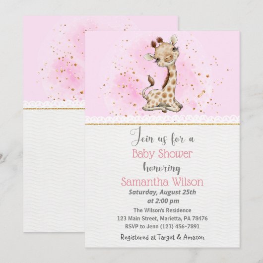 Roze en goudGiraffe Baby shower Kaart (Voorkant / Achterkant)