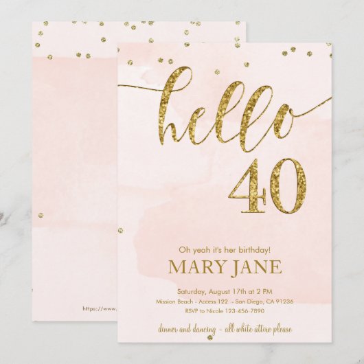 Roze en goudglitter 40e verjaardag Uitnodiging (Voorkant / Achterkant)