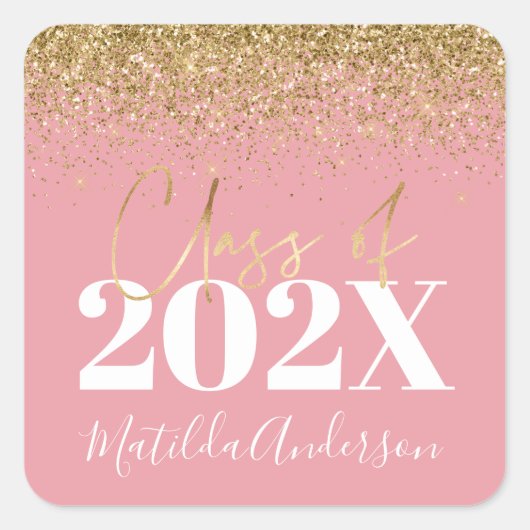 roze en goudglitter afstuderen van categorie vierkante sticker (Voorkant)