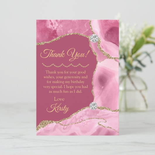 Roze en goudglitter Agate Birthday Bedankkaart (Staand voorkant)