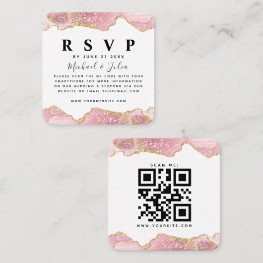 Roze en goudglitter Agate Wedding QR Code RSVP Informatiekaartje (Voorkant / Achterkant)