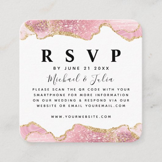 Roze en goudglitter Agate Wedding QR Code RSVP Informatiekaartje (Voorkant)