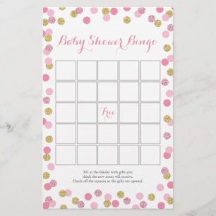 Roze en goudglitter Baby shower Bingo Game Flyer
