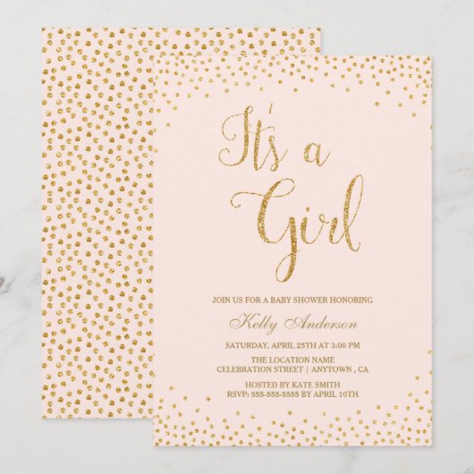 Roze en goudglitter Baby Shower Invitations Kaart (Voorkant / Achterkant)