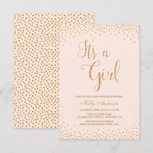 Roze en goudglitter Baby Shower Invitations Kaart (Voorkant / Achterkant)