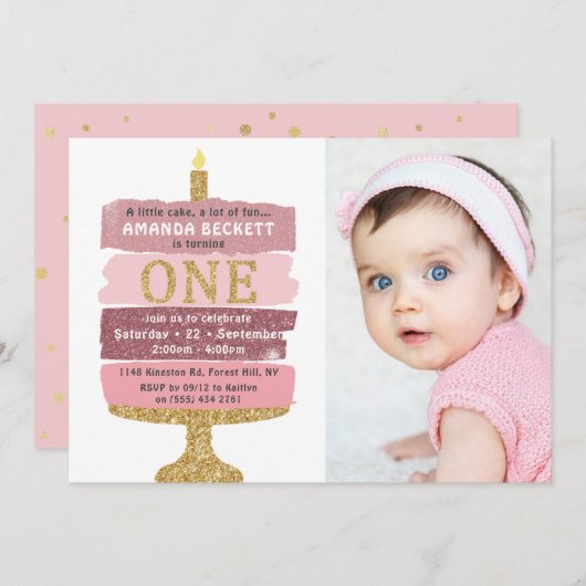 Roze en goudglitter Cake Foto van 1 oktober Kaart (Voorkant / Achterkant)