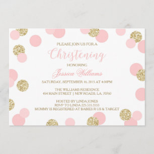 Roze en goudglitter Christening Invites Kaart