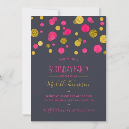 Roze en goudglitter Confetti Birthday Party Kaart (Voorkant)
