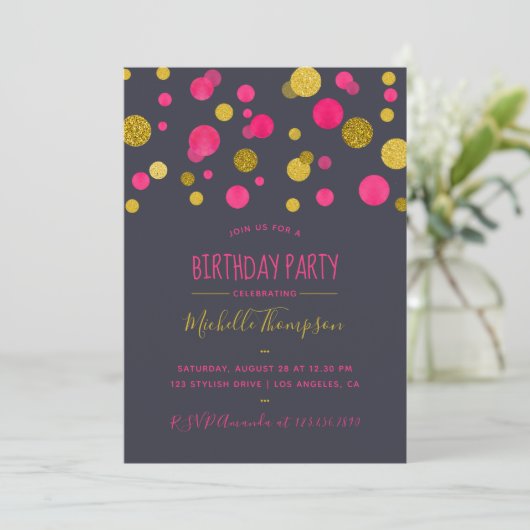 Roze en goudglitter Confetti Birthday Party Kaart (Staand voorkant)