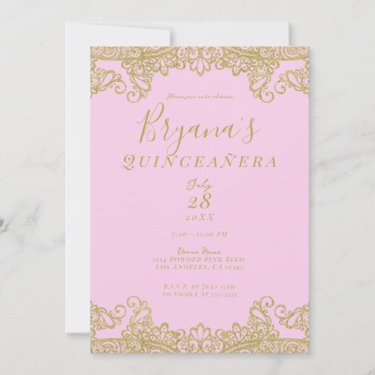 Roze en goudglitter Elegant Quinceañera Kaart (Voorkant)