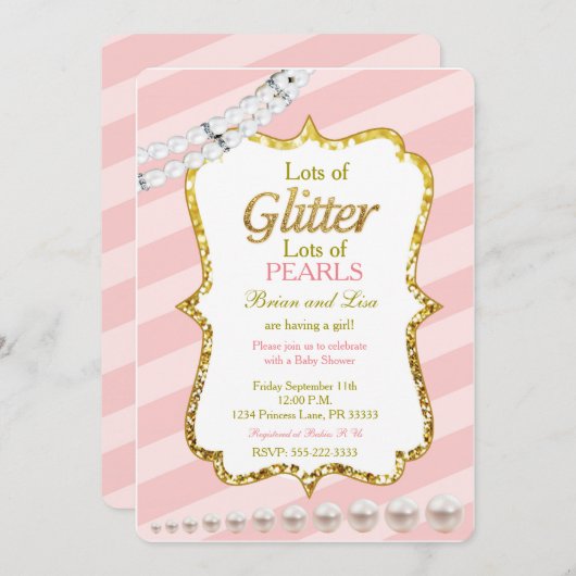 Roze en goudglitter en parels Baby shower nodigt u Kaart (Voorkant / Achterkant)