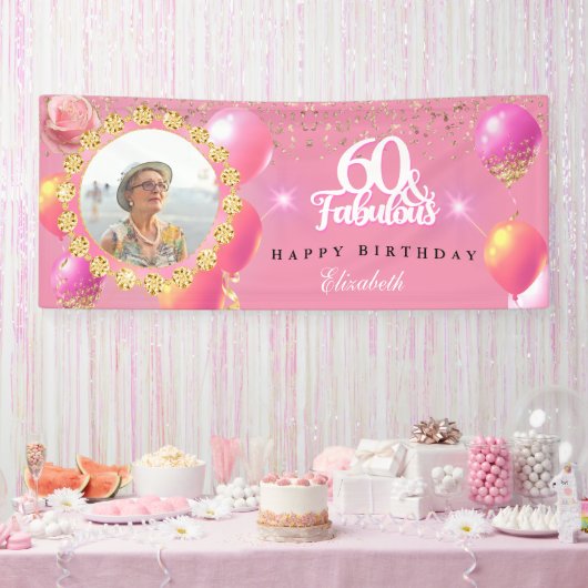 Roze en goudglitter Fab 60e verjaardag Spandoek (Feest)