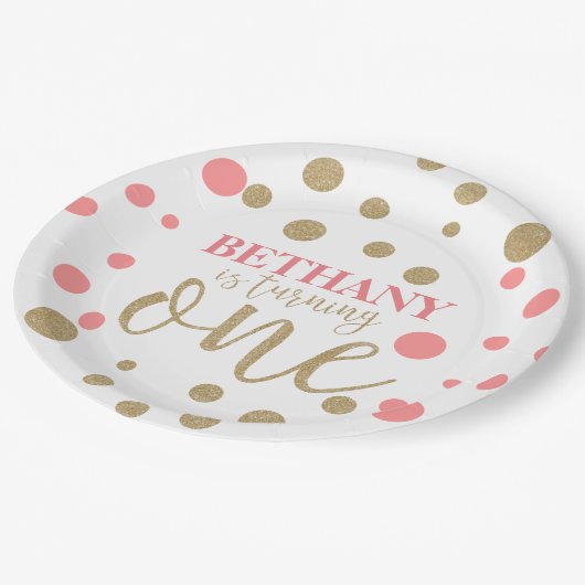 Roze en goudglitter First Birthday Paper-Borden Papieren Bordje (Gekanteld)