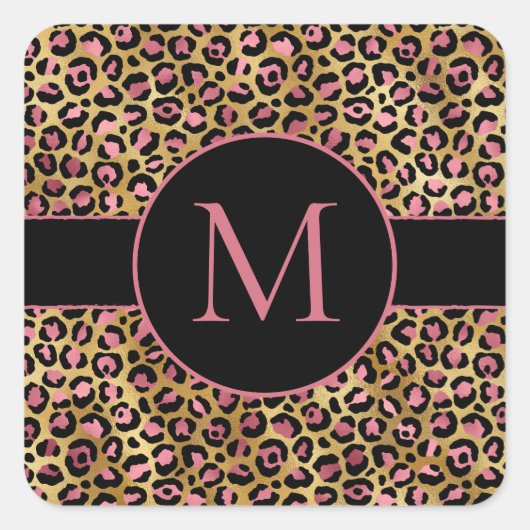 Roze en goudglitter leopard print party invitatati vierkante sticker (Voorkant)