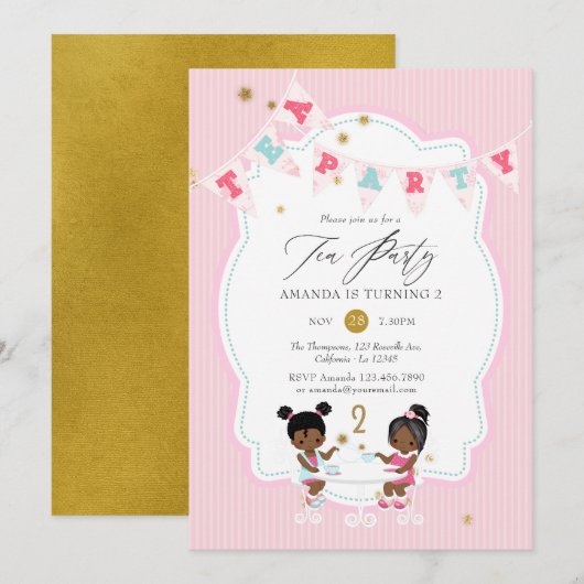 Roze en goudglitter meisje 2e verjaardag Tea Party Kaart (Voorkant / Achterkant)