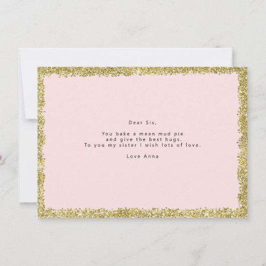 Roze en goudglitter op mijn zusje trouwkaart kaart (Achterkant)