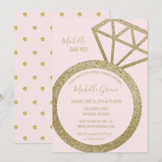 Roze en goudglitter Ring - Ze zei ja! Kaart (Voorkant / Achterkant)